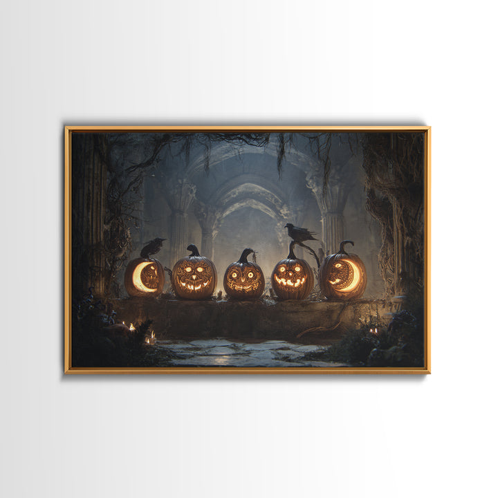 Pumpkins And Moon Phases, Landscape Wall Art, Haunted Gothic Art, Framed Canvas Print, Halloween Wall Decor, Gothic Home Decor