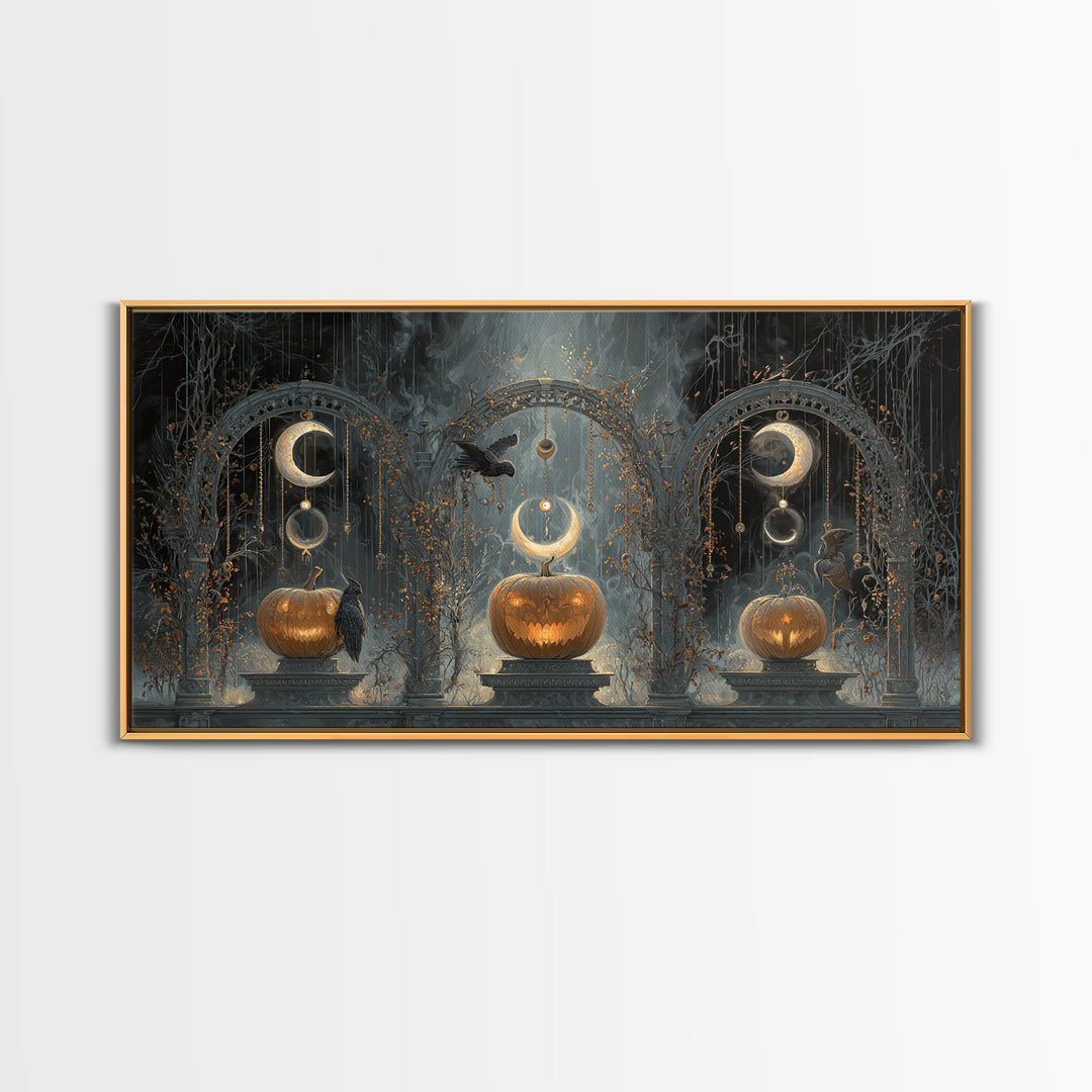Pumpkins And Moon Phases, Wide Panoramic Art, Dark Halloween Decor, Canvas Print, Halloween Wall Decor, Gothic Home Decor, Horror Wall Art