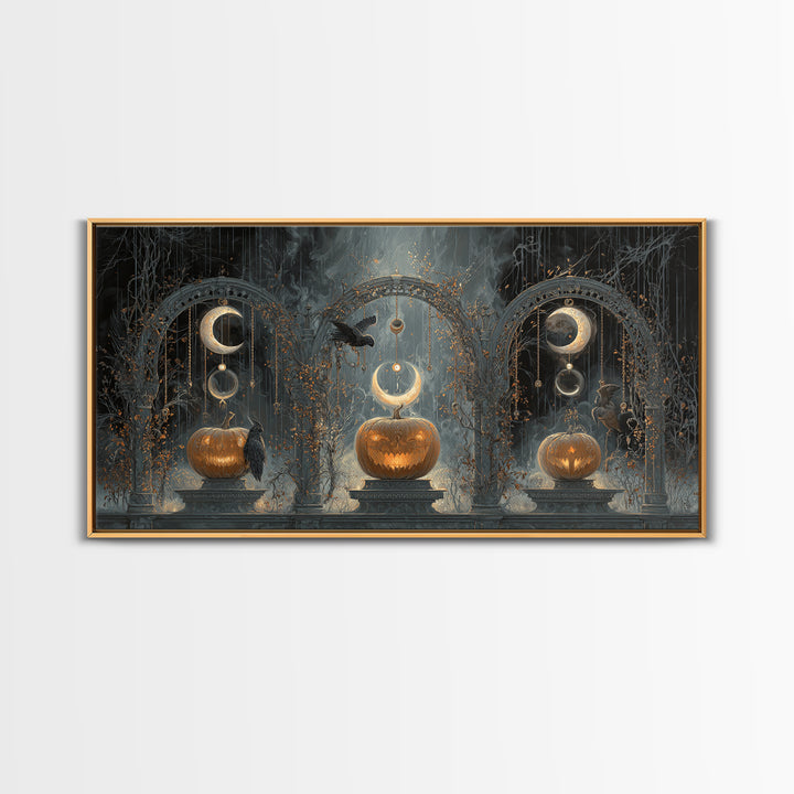 Pumpkins And Moon Phases, Wide Panoramic Art, Dark Halloween Decor, Canvas Print, Halloween Wall Decor, Gothic Home Decor, Horror Wall Art