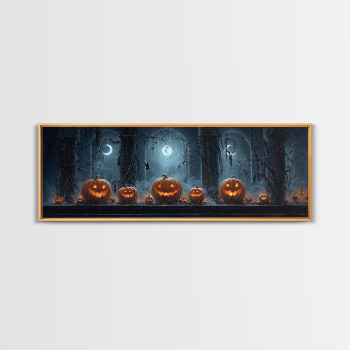 Pumpkins And Moon Phases, Extra Wide Wall Art, Macabre Wall Art, Framed Canvas Print, Halloween Wall Decor, Gothic Home Decor