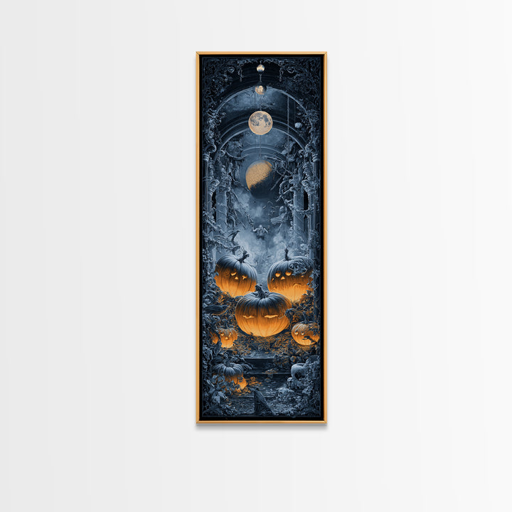 Pumpkins And Moon Phases, Tall Narrow Wall Art, Haunted Gothic Art, Framed Canvas Print, Halloween Wall Decor, Gothic Home Decor