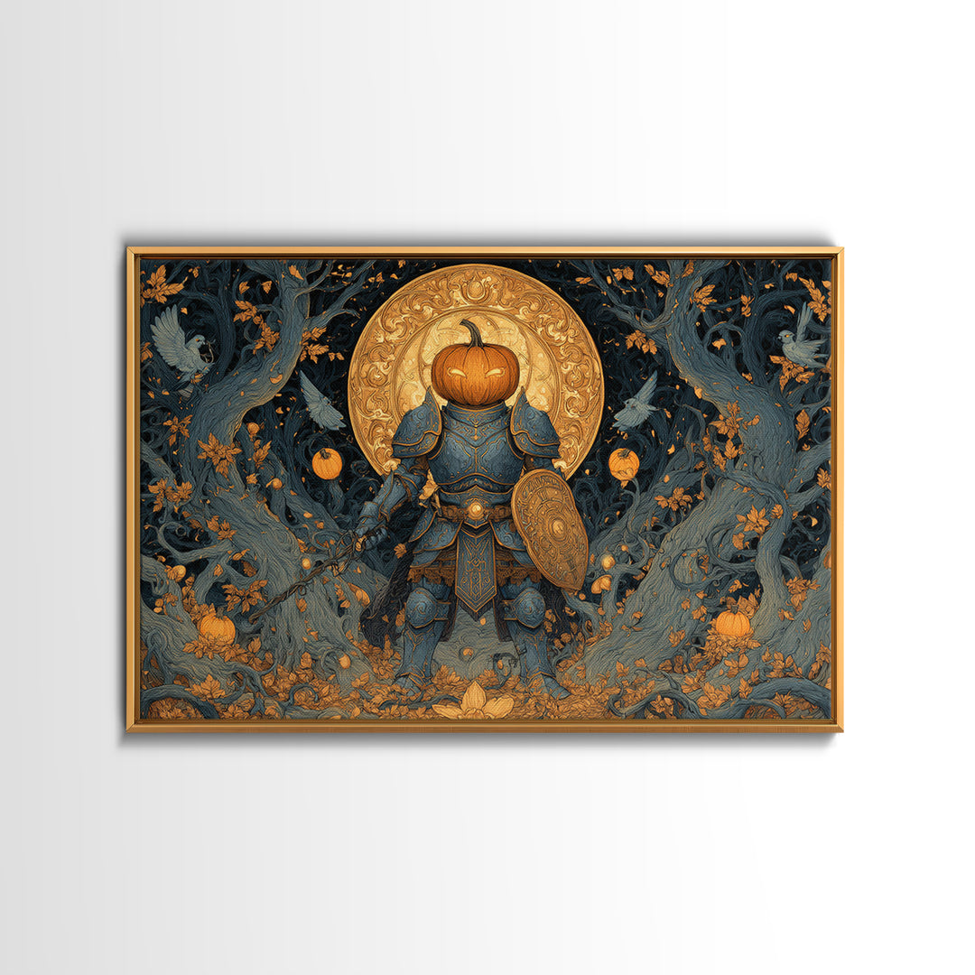 The Pumpkin Paladin, Landscape Wall Art, Haunted Gothic Art, Framed Canvas Print, Halloween Wall Decor, Gothic Home Decor