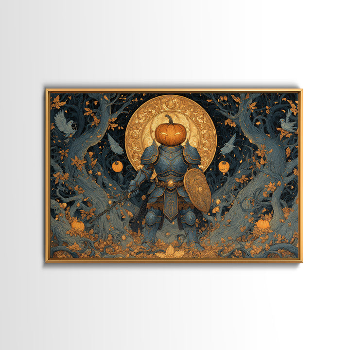The Pumpkin Paladin, Landscape Wall Art, Haunted Gothic Art, Framed Canvas Print, Halloween Wall Decor, Gothic Home Decor