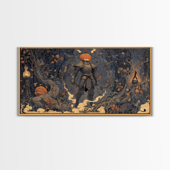 The Pumpkin Paladin, Wide Panoramic Art, Haunted Gothic Art, Framed Canvas Print, Halloween Wall Decor, Gothic Home Decor, Dark Fantasy Art