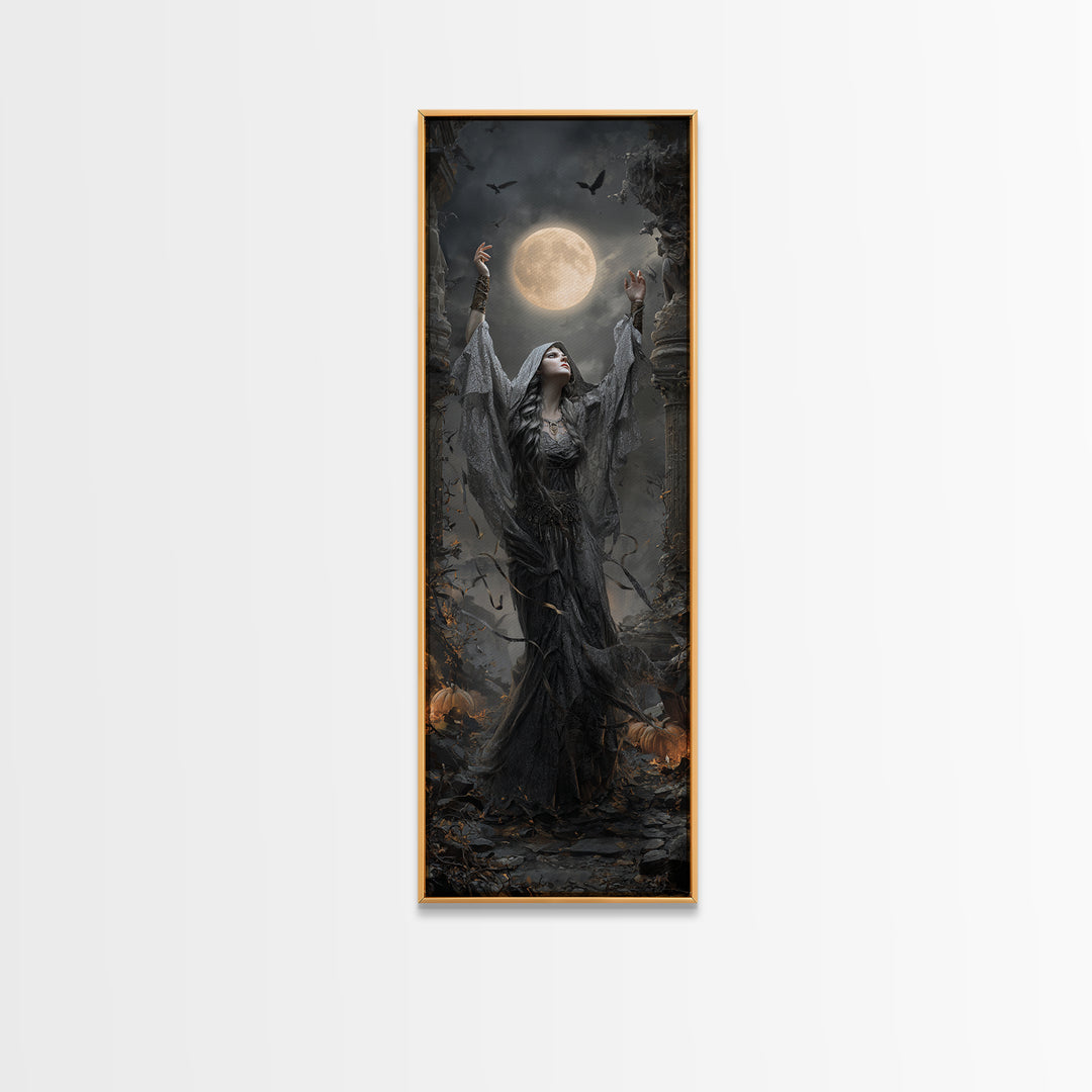 The Moon Priestess, Tall Narrow Wall Art, Gothic Horror Wall Art, Framed Canvas Print, Halloween Wall Decor, Gothic Home Decor