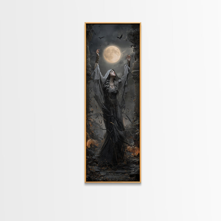 The Moon Priestess, Tall Narrow Wall Art, Gothic Horror Wall Art, Framed Canvas Print, Halloween Wall Decor, Gothic Home Decor