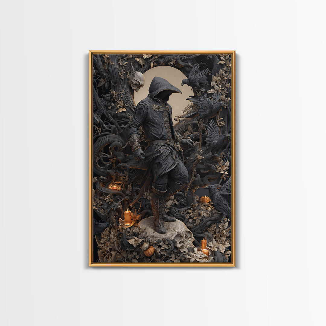 The Crow-Masked Assassin, Vertical Wall Art, Haunted Gothic Art, Framed Canvas Print, Halloween Wall Decor, Gothic Home Decor
