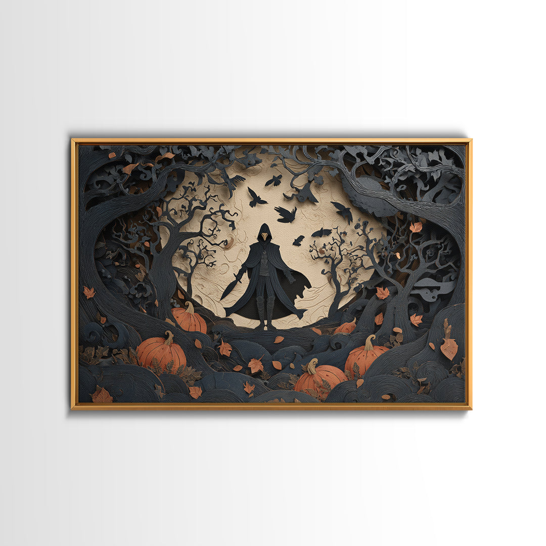 The Crow-Masked Assassin, Landscape Wall Art, Gothic Horror Wall Art, Framed Canvas Print, Halloween Wall Decor, Gothic Home Decor