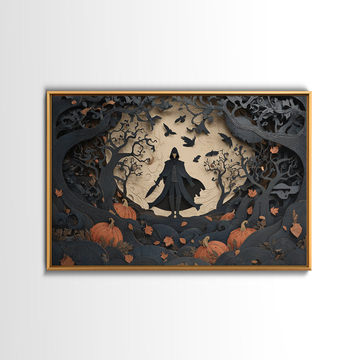 The Crow-Masked Assassin, Landscape Wall Art, Gothic Horror Wall Art, Framed Canvas Print, Halloween Wall Decor, Gothic Home Decor