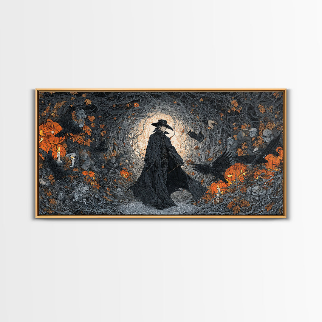 The Crow-Masked Assassin, Wide Panoramic Art, Gothic Horror Wall Art, Framed Canvas Print, Halloween Wall Decor, Gothic Home Decor
