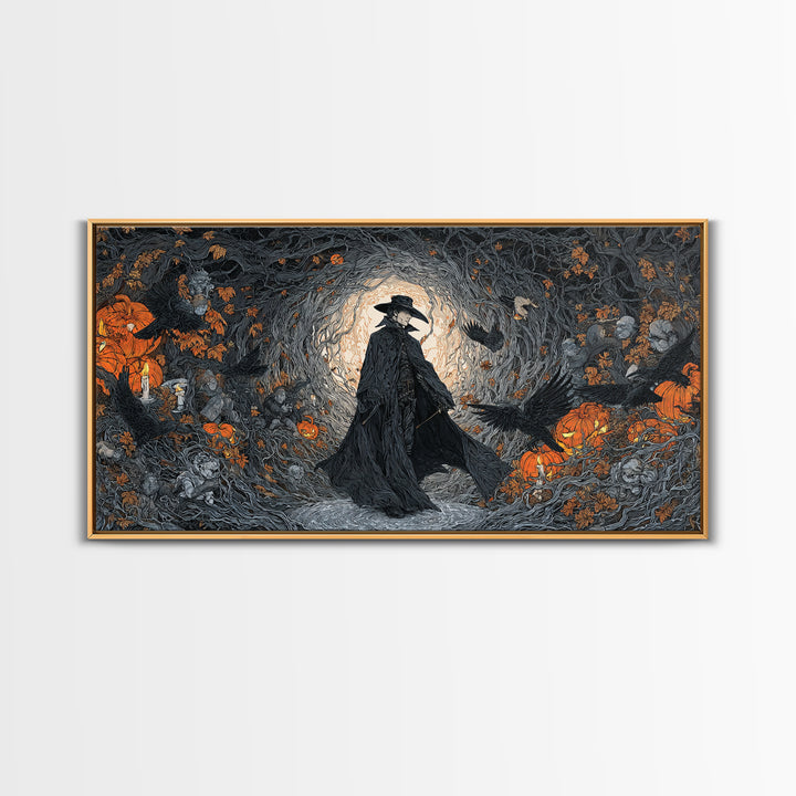 The Crow-Masked Assassin, Wide Panoramic Art, Gothic Horror Wall Art, Framed Canvas Print, Halloween Wall Decor, Gothic Home Decor