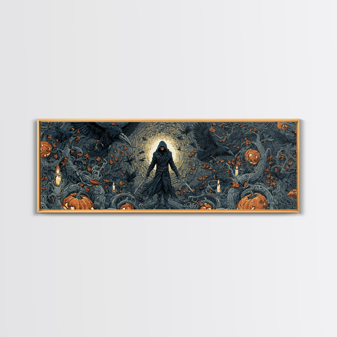 The Crow-Masked Assassin, Extra Wide Wall Art, Macabre Wall Art, Framed Canvas Print, Halloween Wall Decor, Gothic Home Decor