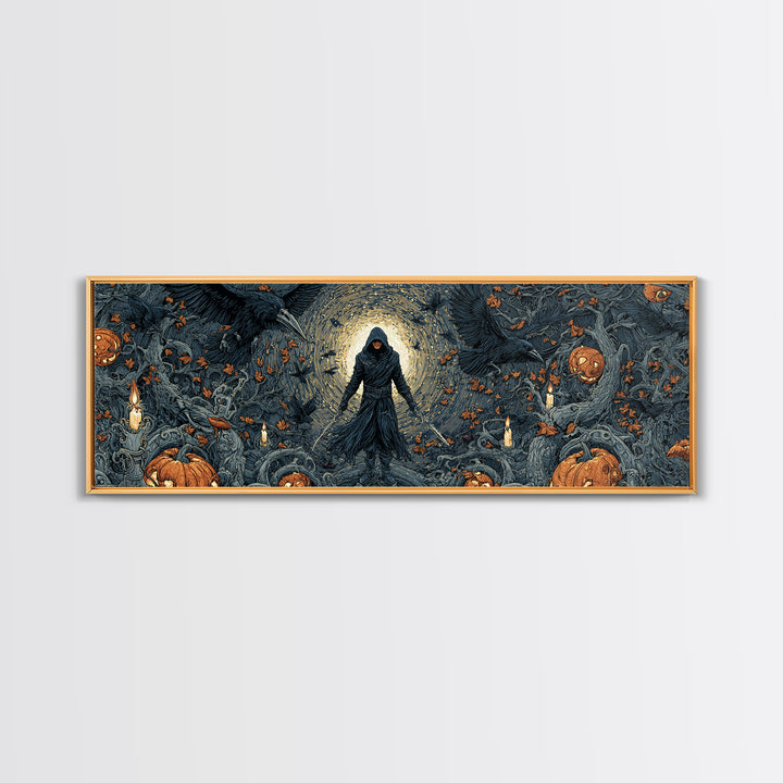 The Crow-Masked Assassin, Extra Wide Wall Art, Macabre Wall Art, Framed Canvas Print, Halloween Wall Decor, Gothic Home Decor