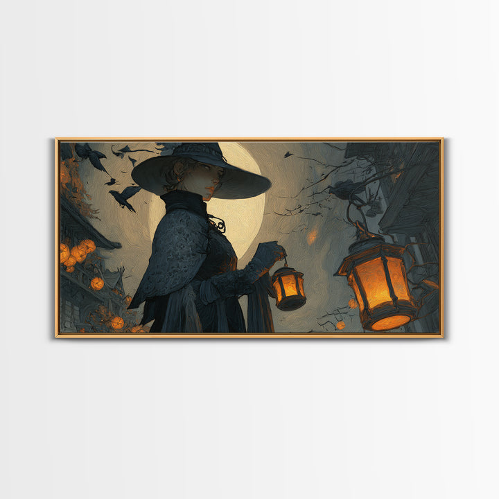 The Lantern Mage, Wide Panoramic Art, Dark Halloween Decor, Canvas Print, Halloween Wall Decor, Gothic Home Decor, Seasonal Home Decor