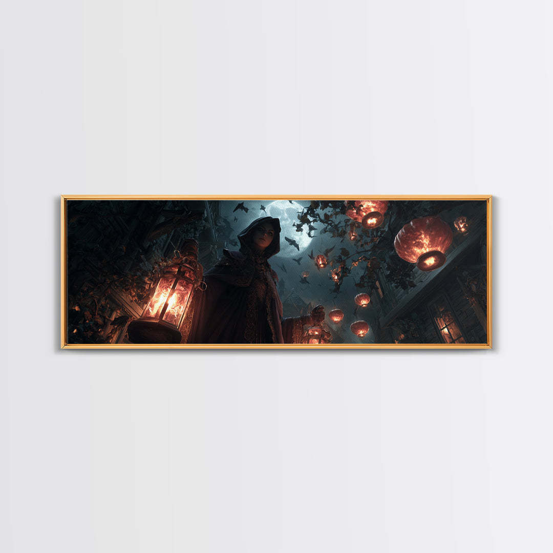 The Lantern Mage, Extra Wide Wall Art, Gothic Horror Wall Art, Framed Canvas Print, Halloween Wall Decor, Gothic Home Decor