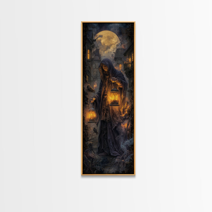 The Lantern Mage, Tall Narrow Wall Art, Dark Fantasy Wall Art, Canvas Print, Halloween Wall Decor, Gothic Home Decor, Dark Fantasy Art