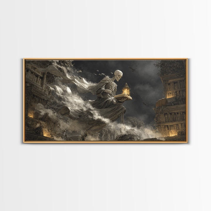 The Crypt Librarian, Wide Panoramic Art, Gothic Horror Wall Art, Framed Canvas Print, Halloween Wall Decor, Gothic Home Decor