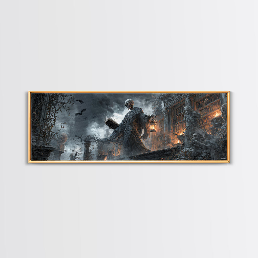 The Crypt Librarian, Extra Wide Wall Art, Macabre Wall Art, Framed Canvas Print, Halloween Wall Decor, Gothic Home Decor, Spooky Wall Decor