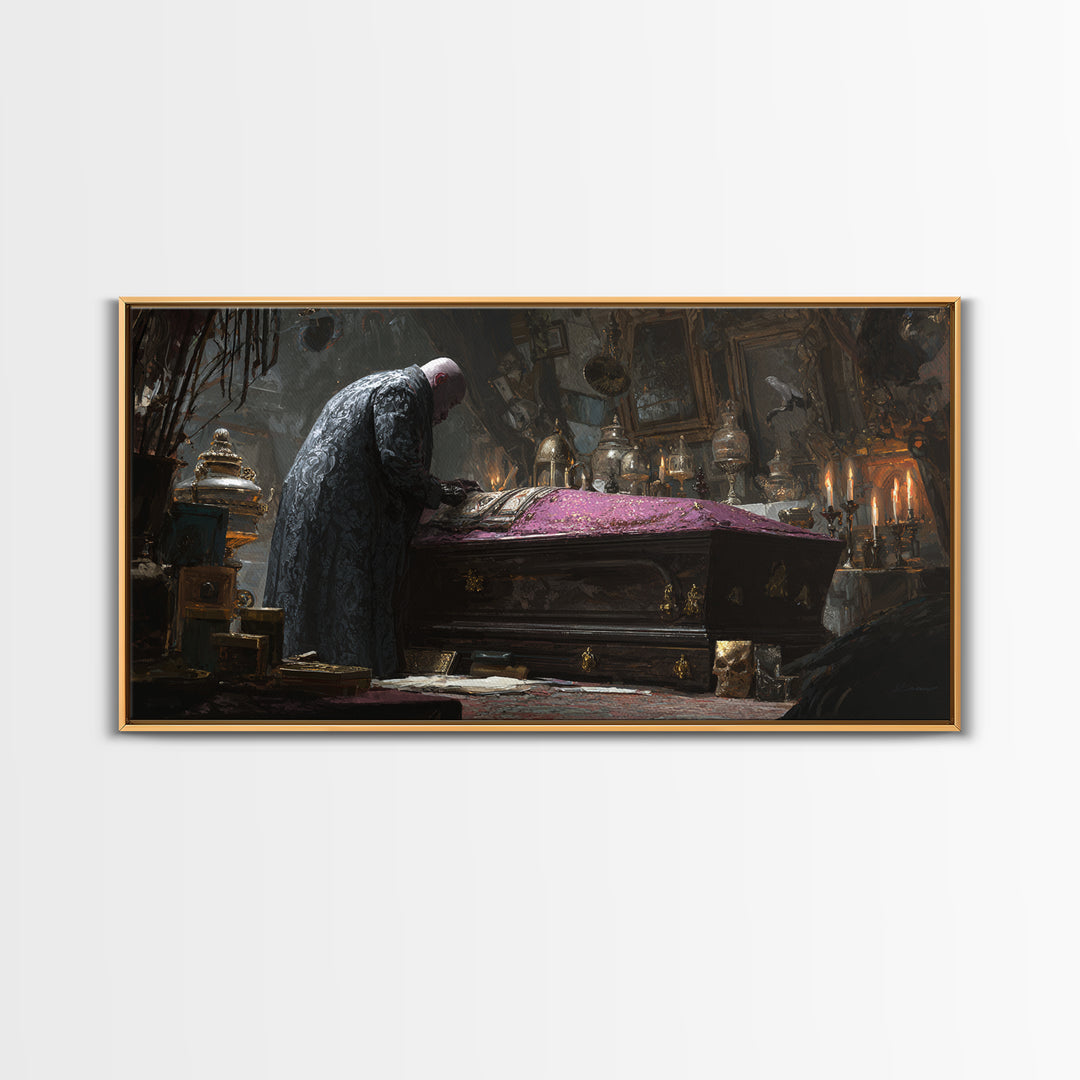 The Royal Coffin Maker, Wide Panoramic Art, Macabre Wall Art, Framed Canvas Print, Halloween Wall Decor, Gothic Home Decor, Halloween Decor