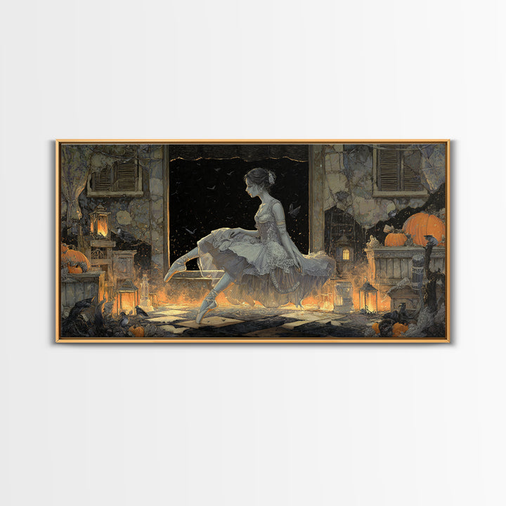 The Phantom Ballerina, Wide Panoramic Art, Haunted Gothic Art, Framed Canvas Print, Halloween Wall Decor, Gothic Home Decor