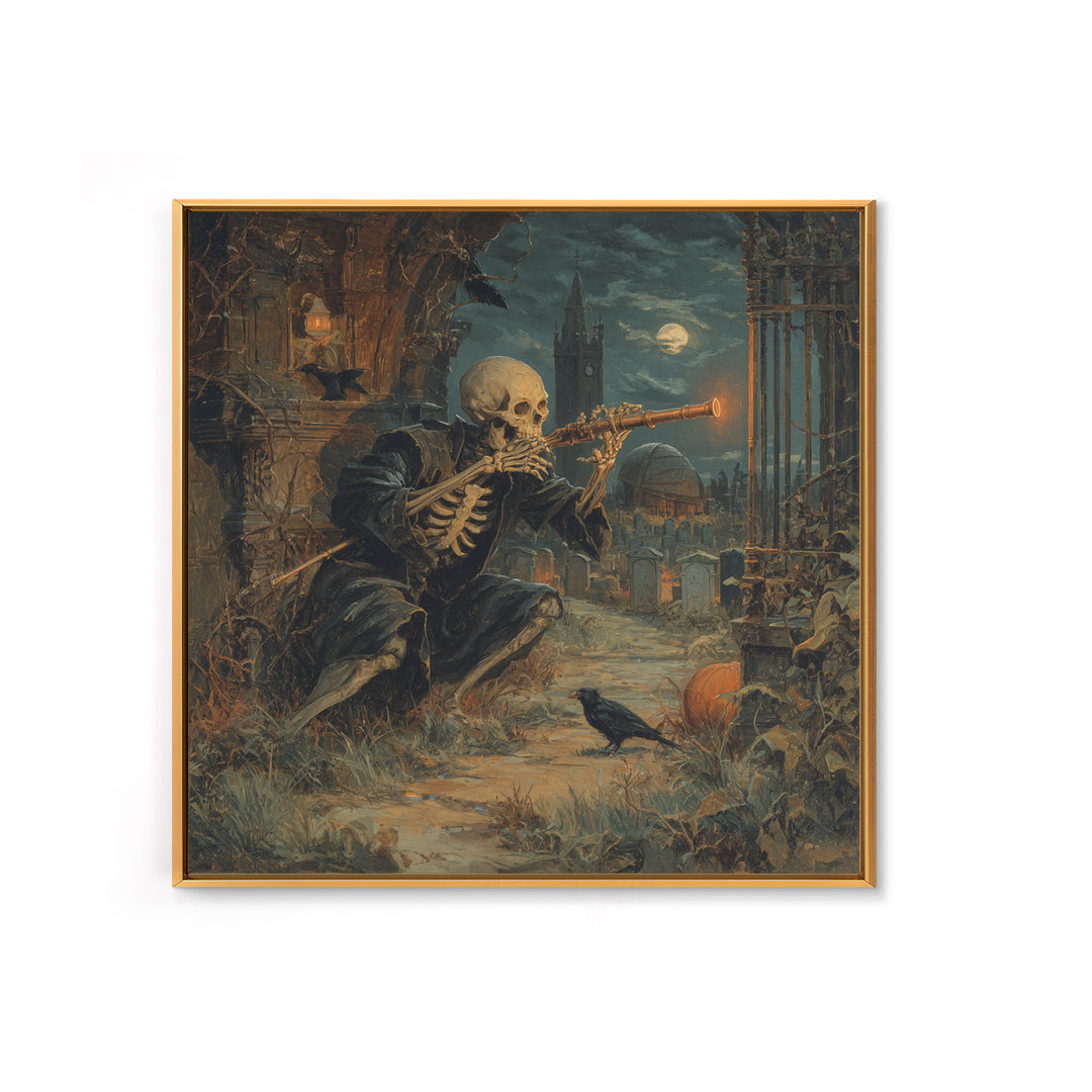The Skull Astronomer, Square Wall Art, Macabre Wall Art, Framed Canvas Print, Halloween Wall Decor, Gothic Home Decor, Halloween Decor