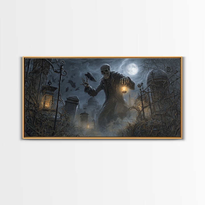 The Skull Astronomer, Wide Panoramic Art, Gothic Horror Wall Art, Framed Canvas Print, Halloween Wall Decor, Gothic Home Decor