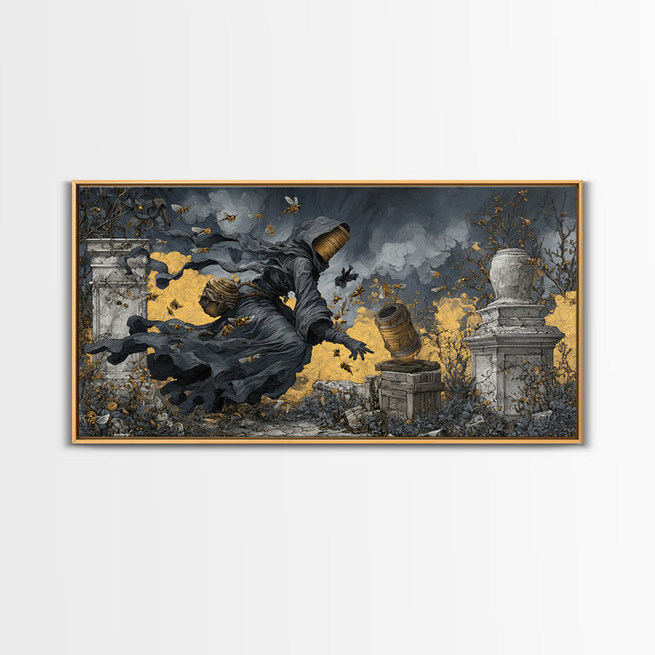 The Cemetery Beekeeper, Wide Panoramic Art, Dark Fantasy Wall Art, Canvas Print, Halloween Wall Decor, Gothic Home Decor