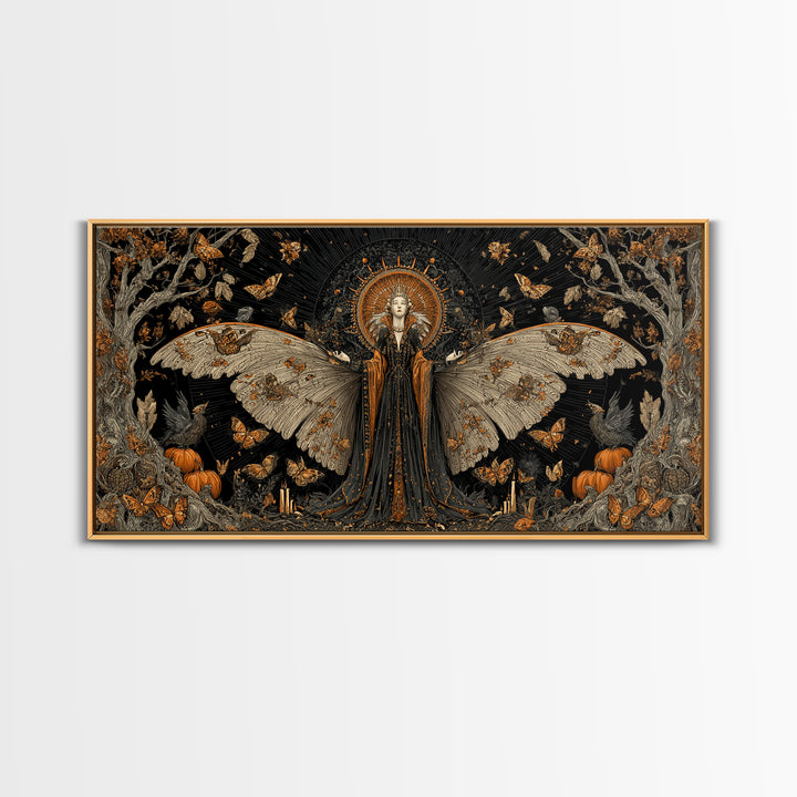 The Moth-Winged Empress, Wide Panoramic Art, Gothic Horror Wall Art, Framed Canvas Print, Halloween Wall Decor, Gothic Home Decor