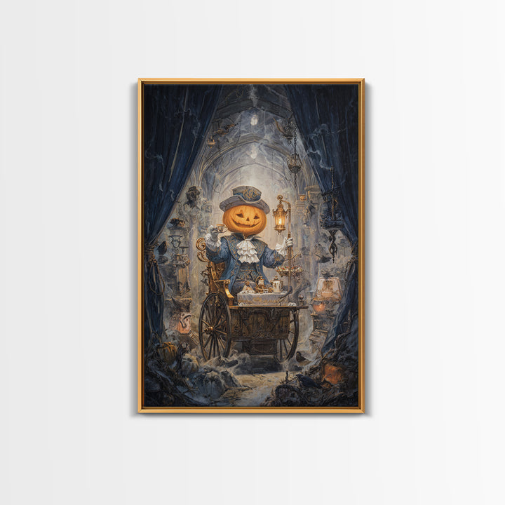 The Pumpkin-Headed Tea Merchant, Vertical Wall Art, Macabre Wall Art, Framed Canvas Print, Halloween Wall Decor, Gothic Home Decor