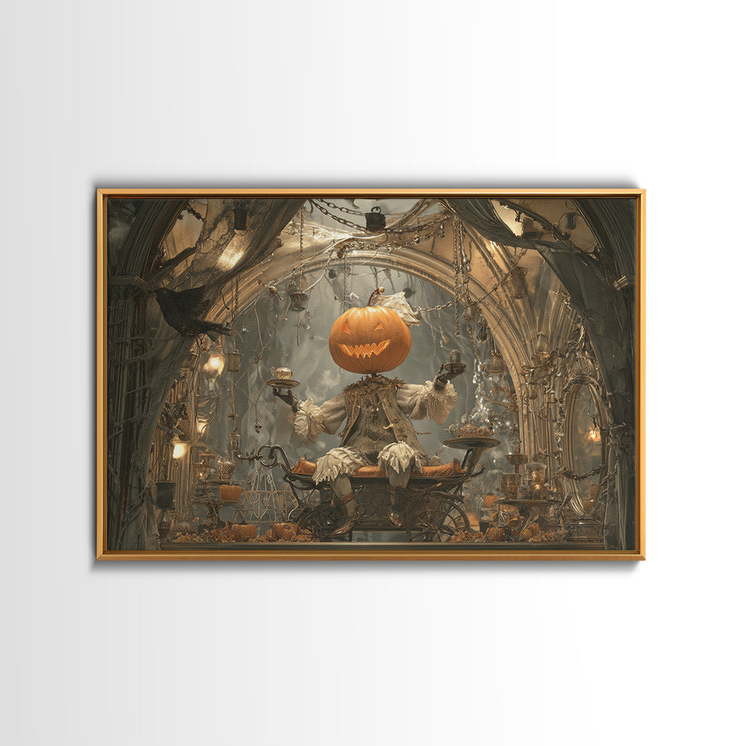 The Pumpkin-Headed Tea Merchant, Landscape Wall Art, Dark Halloween Decor, Canvas Print, Halloween Wall Decor, Gothic Home Decor
