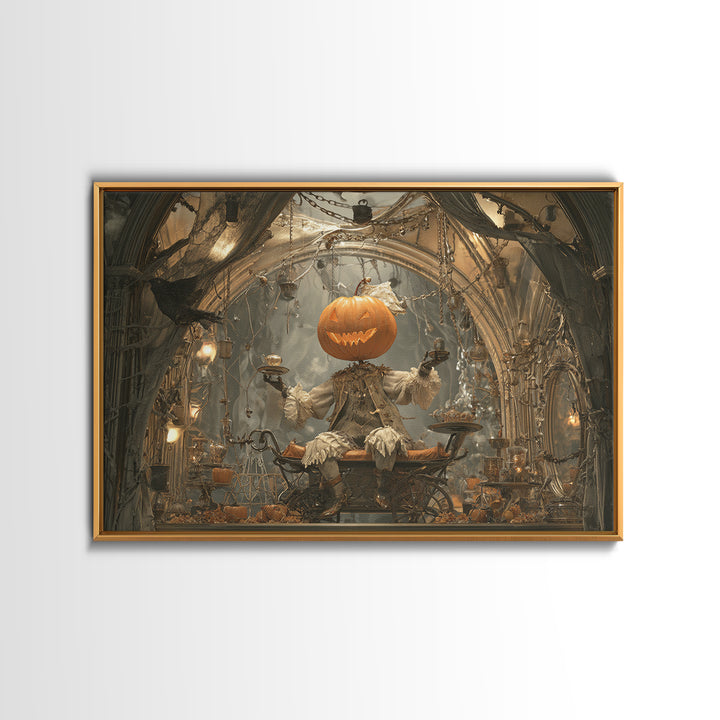 The Pumpkin-Headed Tea Merchant, Landscape Wall Art, Dark Halloween Decor, Canvas Print, Halloween Wall Decor, Gothic Home Decor