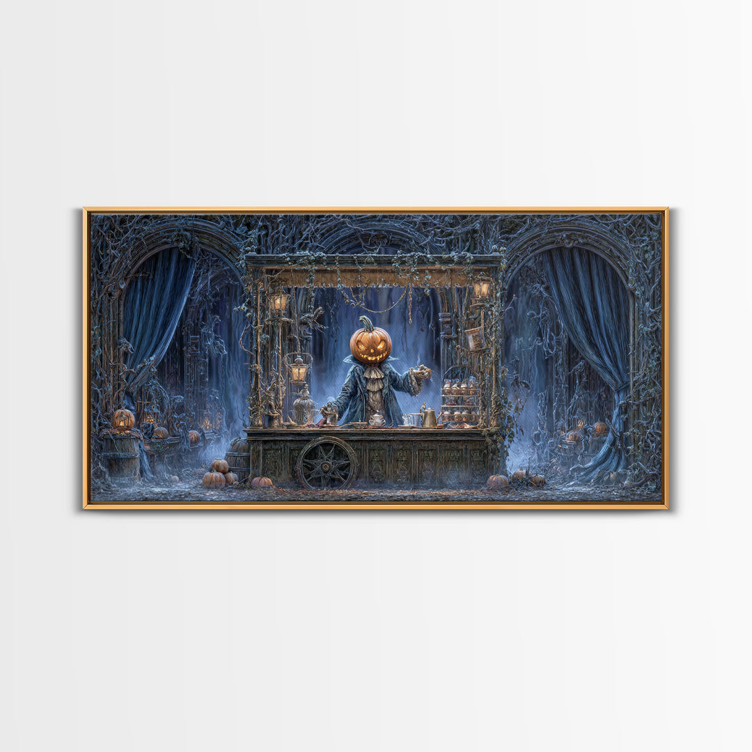 The Pumpkin-Headed Tea Merchant, Wide Panoramic Art, Dark Halloween Decor, Canvas Print, Halloween Wall Decor, Gothic Home Decor