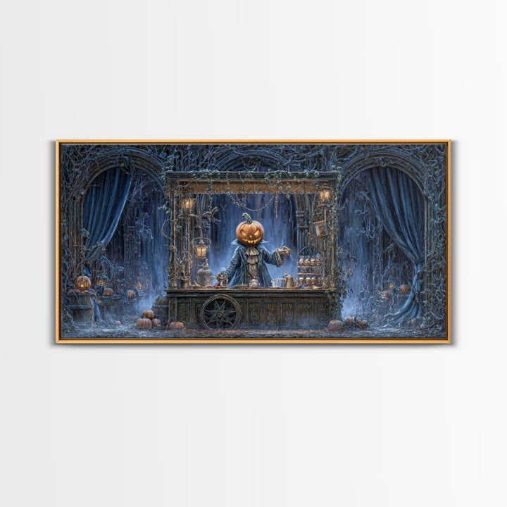 The Pumpkin-Headed Tea Merchant, Wide Panoramic Art, Dark Halloween Decor, Canvas Print, Halloween Wall Decor, Gothic Home Decor