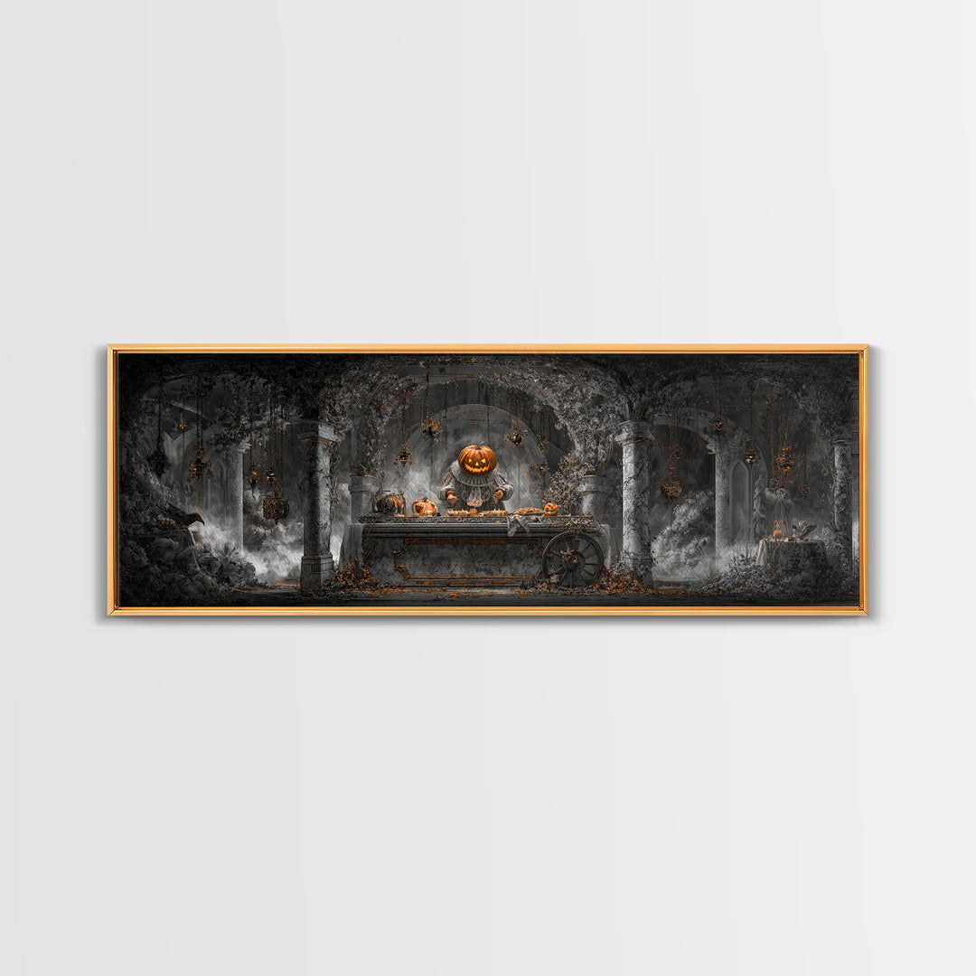 The Pumpkin-Headed Tea Merchant, Extra Wide Wall Art, Dark Fantasy Wall Art, Canvas Print, Halloween Wall Decor, Gothic Home Decor