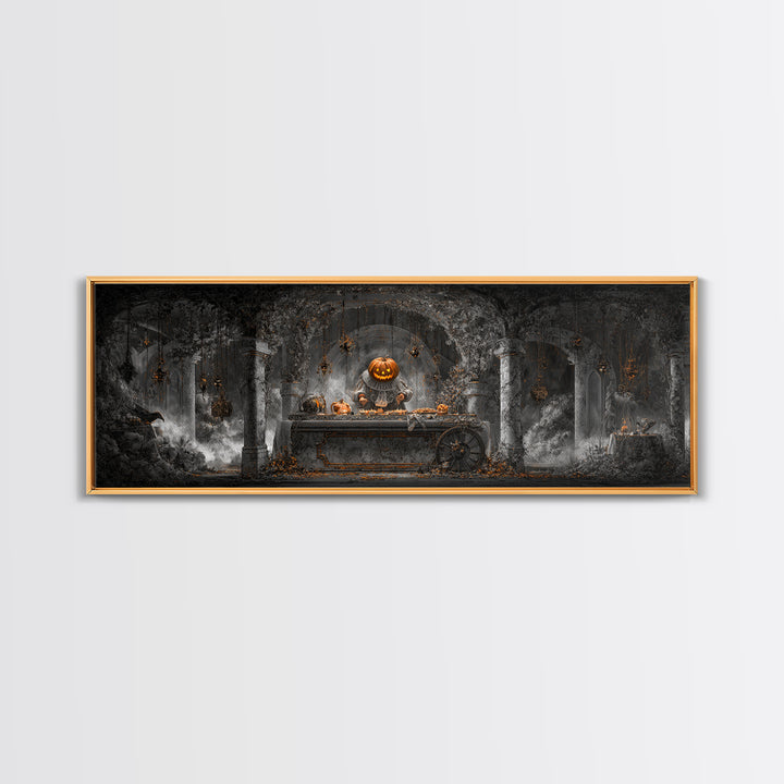 The Pumpkin-Headed Tea Merchant, Extra Wide Wall Art, Dark Fantasy Wall Art, Canvas Print, Halloween Wall Decor, Gothic Home Decor