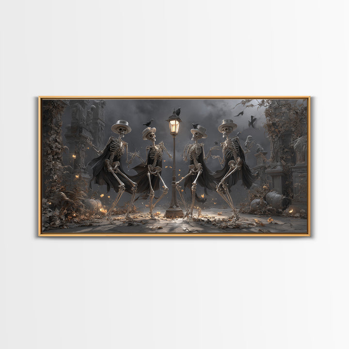 The Skeleton Barbershop Quartet, Wide Panoramic Art, Macabre Wall Art, Framed Canvas Print, Halloween Wall Decor, Gothic Home Decor