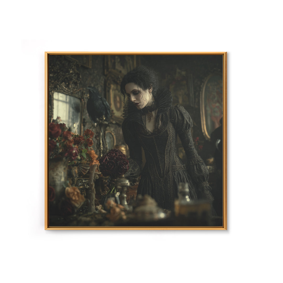 The Vampire Florist, Square Wall Art, Gothic Horror Wall Art, Framed Canvas Print, Halloween Wall Decor, Gothic Home Decor