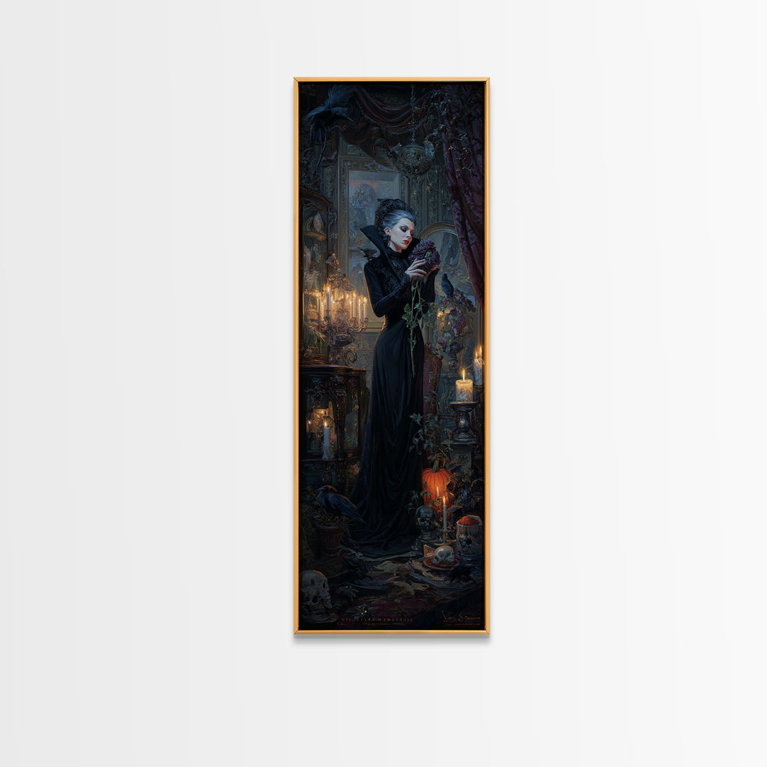 The Vampire Florist, Tall Narrow Wall Art, Spooky Home Decor, Canvas Print, Halloween Wall Decor, Gothic Home Decor, Macabre Wall Art