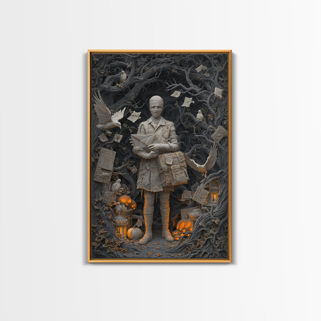 The Mummy Mail Carrier, Vertical Wall Art, Gothic Horror Wall Art, Framed Canvas Print, Halloween Wall Decor, Gothic Home Decor