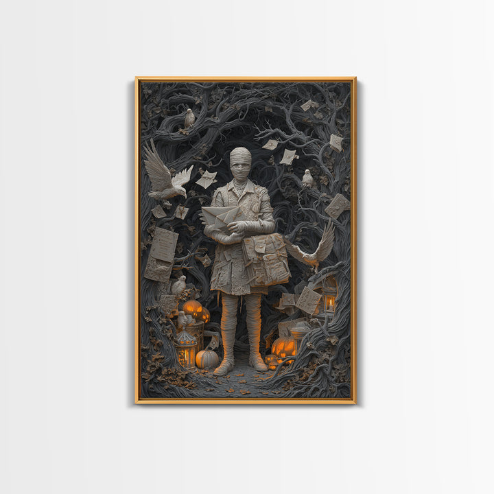 The Mummy Mail Carrier, Vertical Wall Art, Gothic Horror Wall Art, Framed Canvas Print, Halloween Wall Decor, Gothic Home Decor