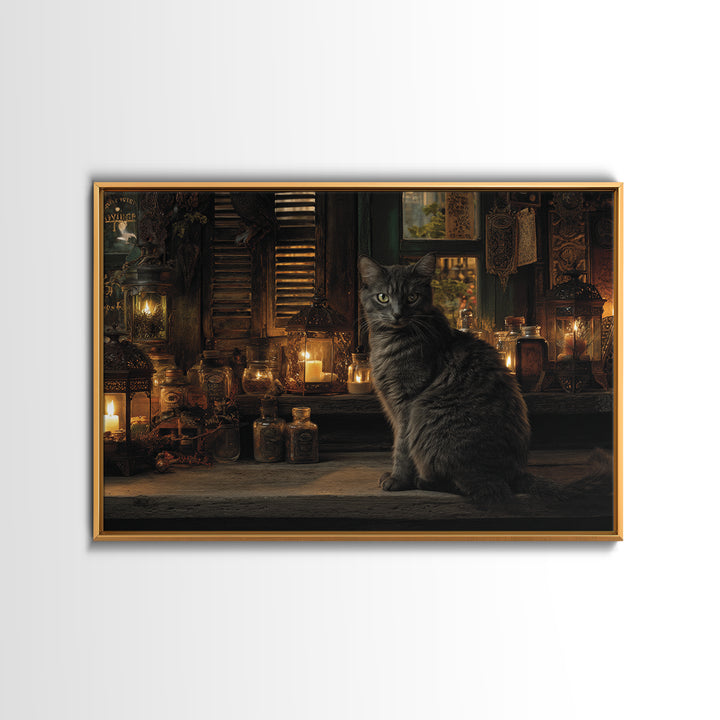 The Witch'S Cat Cafe, Landscape Wall Art, Haunted Gothic Art, Framed Canvas Print, Halloween Wall Decor, Gothic Home Decor