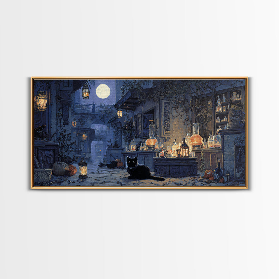 The Witch'S Cat Cafe, Wide Panoramic Art, Dark Fantasy Wall Art, Canvas Print, Halloween Wall Decor, Gothic Home Decor, Macabre Wall Art