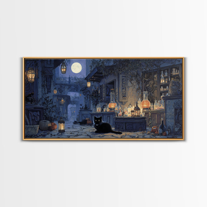 The Witch'S Cat Cafe, Wide Panoramic Art, Dark Fantasy Wall Art, Canvas Print, Halloween Wall Decor, Gothic Home Decor, Macabre Wall Art