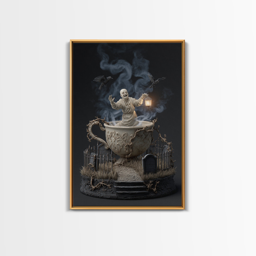 Tiny Ghosts In Teacups, Vertical Wall Art, Dark Fantasy Wall Art, Canvas Print, Halloween Wall Decor, Gothic Home Decor, Macabre Wall Art