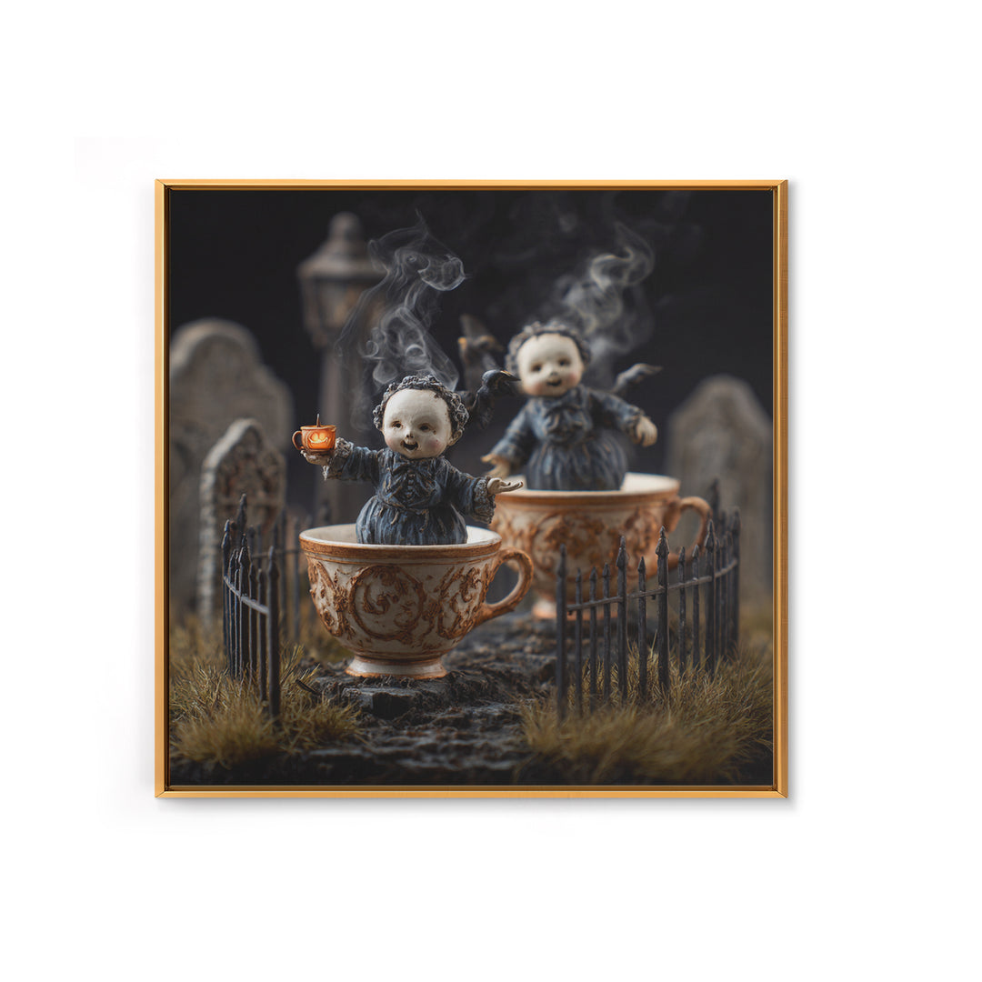 Tiny Ghosts In Teacups, Square Wall Art, Spooky Home Decor, Canvas Print, Halloween Wall Decor, Gothic Home Decor, Horror Wall Art