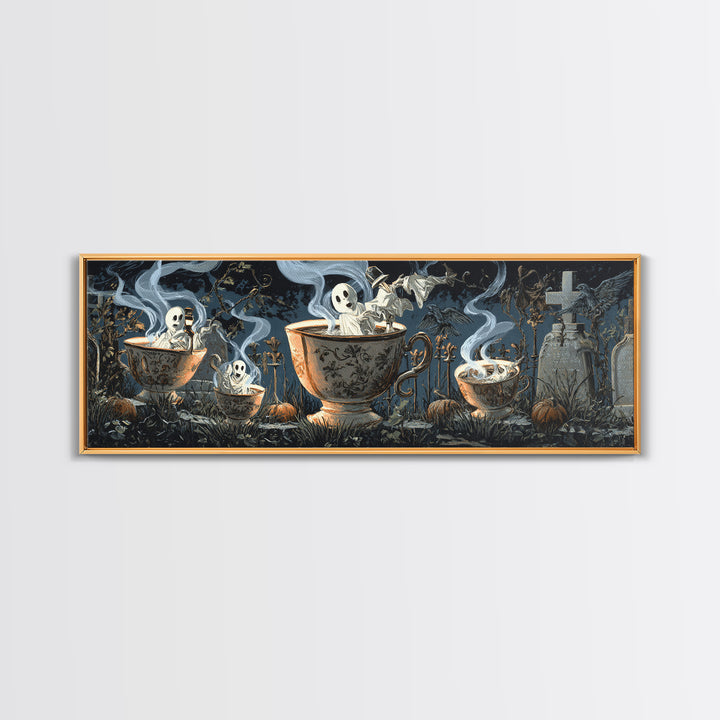 Tiny Ghosts In Teacups, Extra Wide Wall Art, Spooky Home Decor, Canvas Print, Halloween Wall Decor, Gothic Home Decor, Spooky Wall Decor