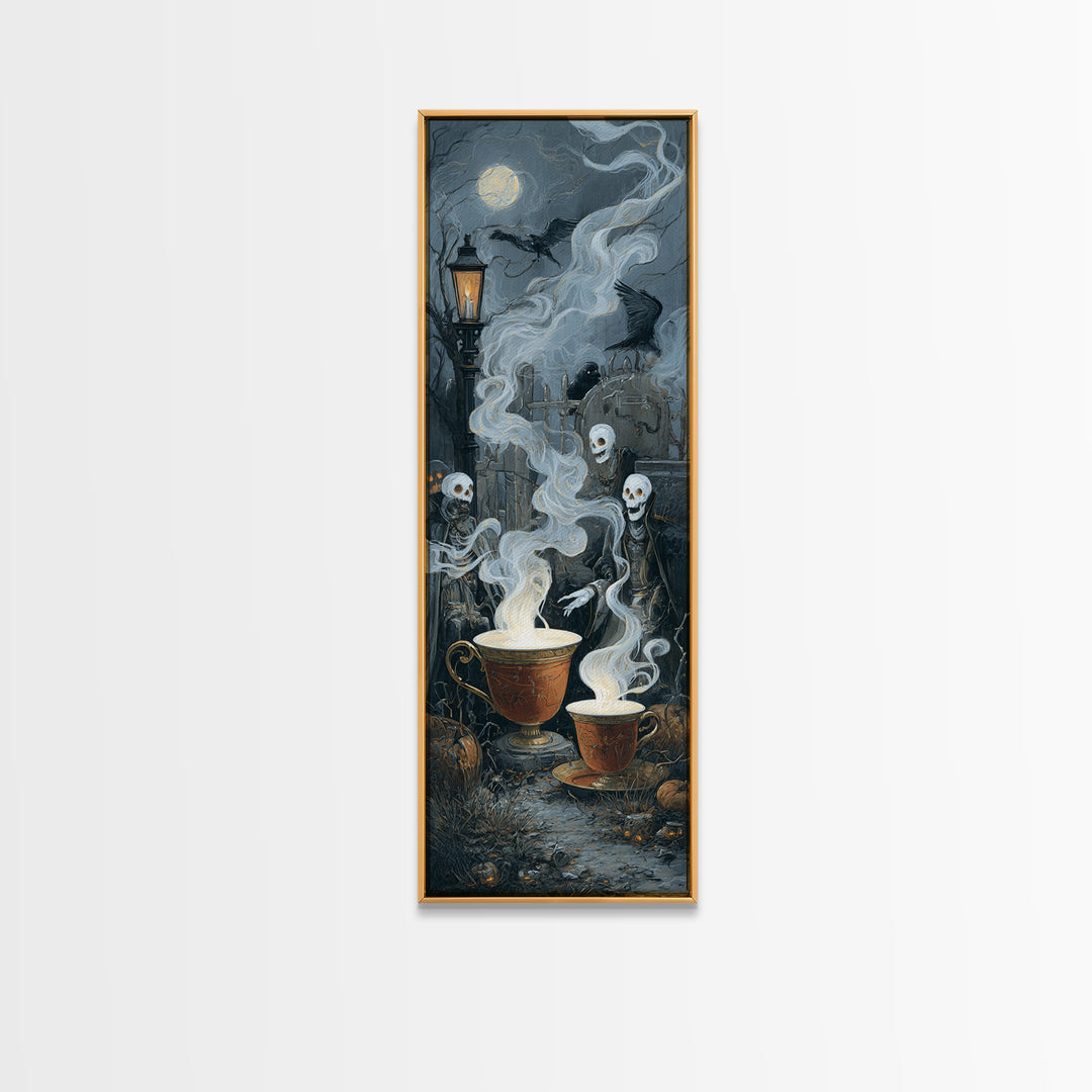 Tiny Ghosts In Teacups, Tall Narrow Wall Art, Macabre Wall Art, Framed Canvas Print, Halloween Wall Decor, Gothic Home Decor