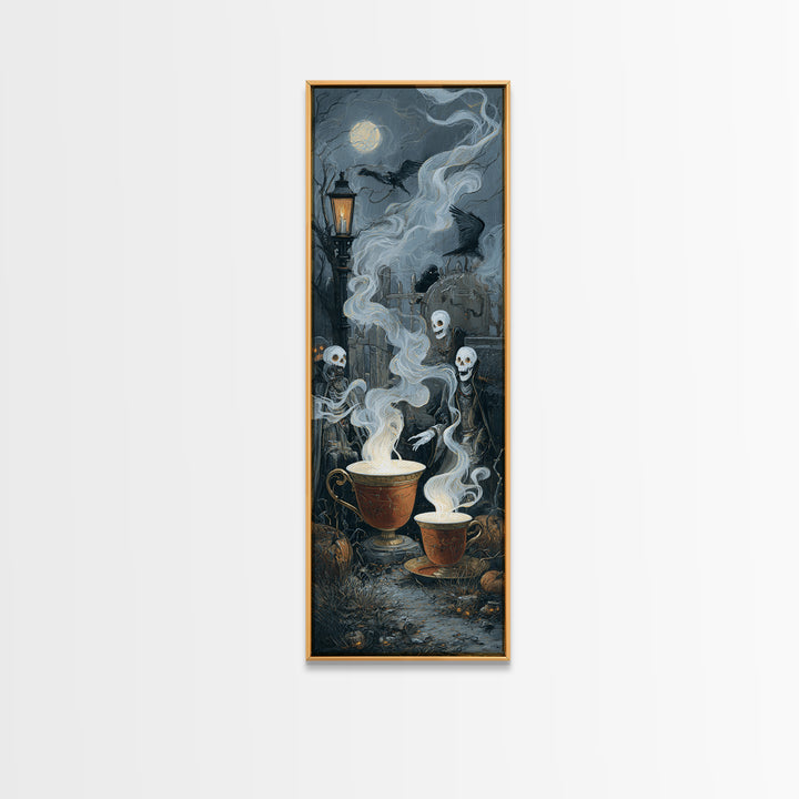 Tiny Ghosts In Teacups, Tall Narrow Wall Art, Macabre Wall Art, Framed Canvas Print, Halloween Wall Decor, Gothic Home Decor