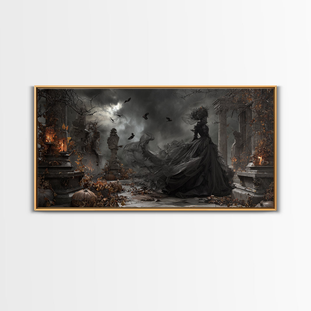The Spider Sewing Circle, Wide Panoramic Art, Haunted Gothic Art, Framed Canvas Print, Halloween Wall Decor, Gothic Home Decor