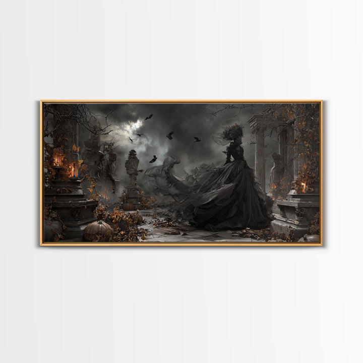 The Spider Sewing Circle, Wide Panoramic Art, Haunted Gothic Art, Framed Canvas Print, Halloween Wall Decor, Gothic Home Decor